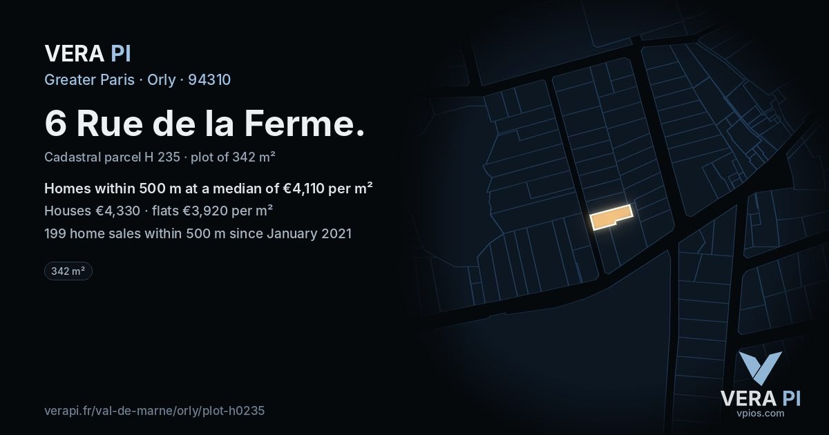 6 Rue de la Ferme, Orly at night – the plot lit, the parcels around coloured by the prices near them