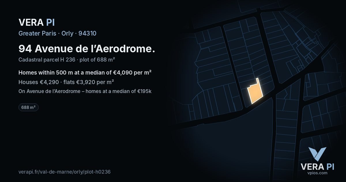 94 Avenue de l’Aerodrome, Orly at night – the plot lit, the parcels around coloured by the prices near them