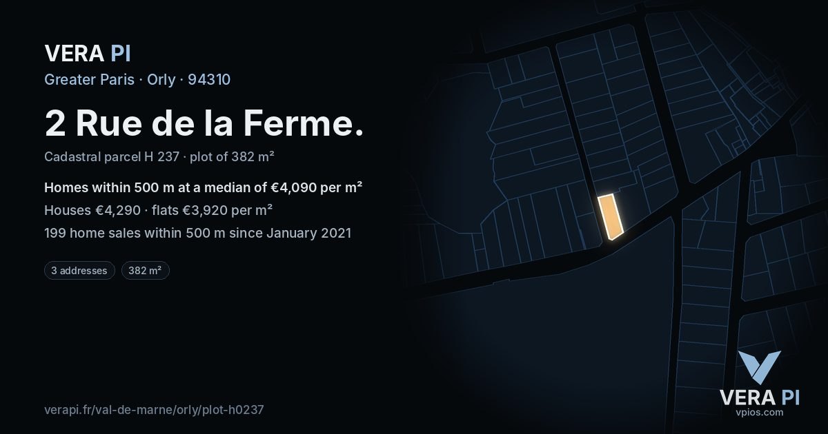 2 Rue de la Ferme, Orly at night – the plot lit, the parcels around coloured by the prices near them