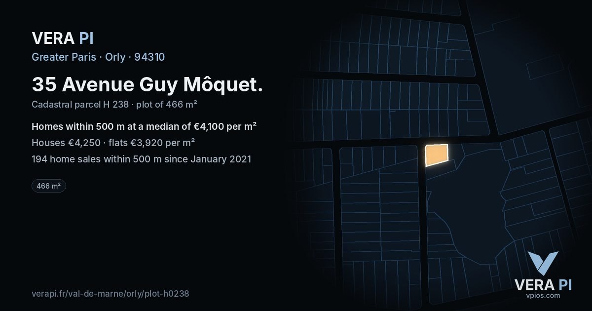 35 Avenue Guy Môquet, Orly at night – the plot lit, the parcels around coloured by the prices near them
