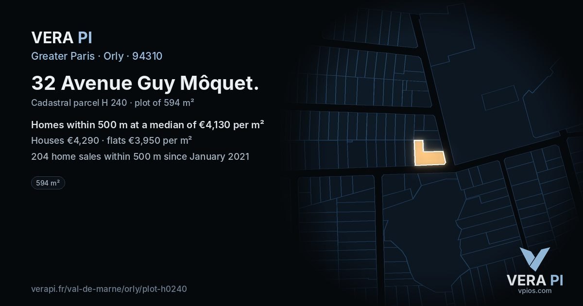 32 Avenue Guy Môquet, Orly at night – the plot lit, the parcels around coloured by the prices near them