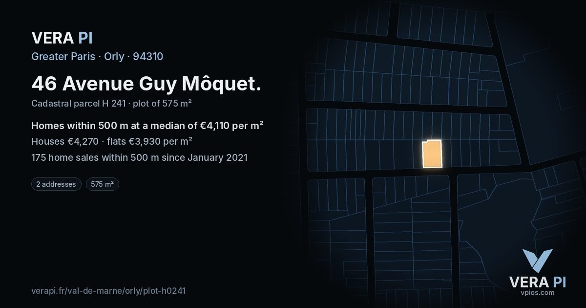 46 Avenue Guy Môquet, Orly at night – the plot lit, the parcels around coloured by the prices near them