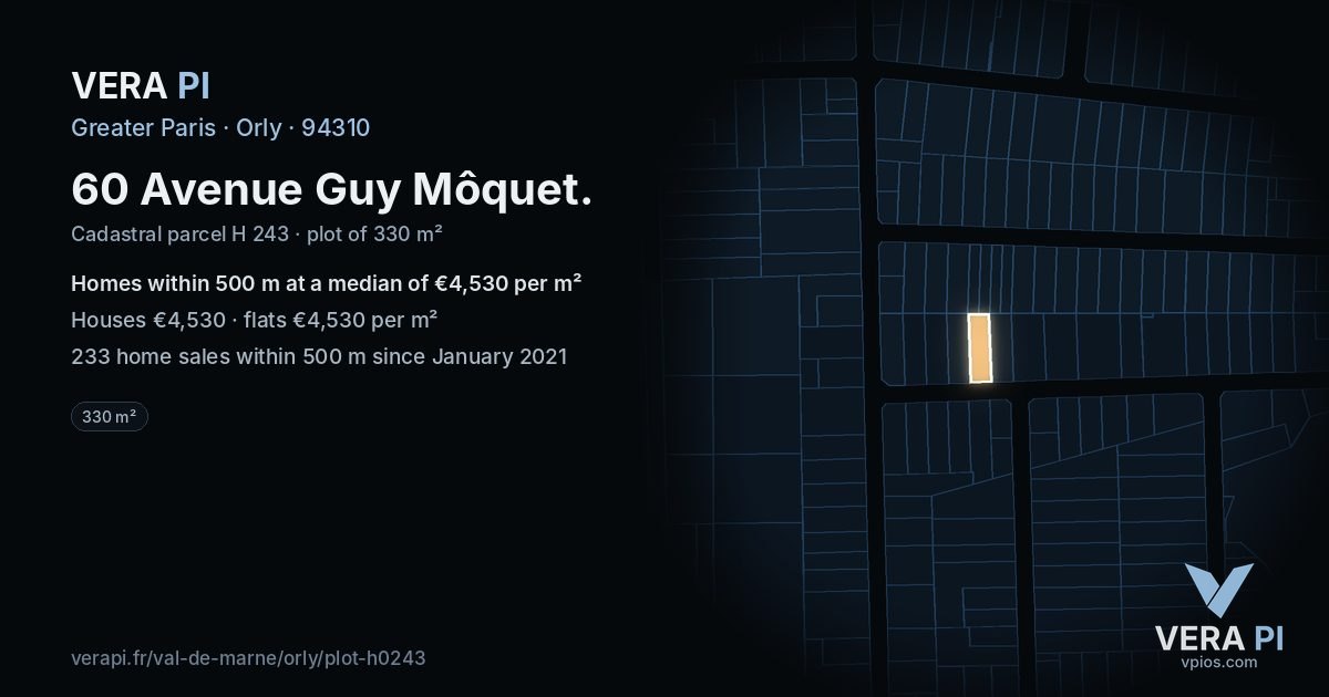 60 Avenue Guy Môquet, Orly at night – the plot lit, the parcels around coloured by the prices near them