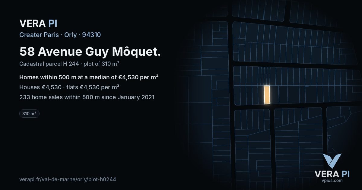 58 Avenue Guy Môquet, Orly at night – the plot lit, the parcels around coloured by the prices near them