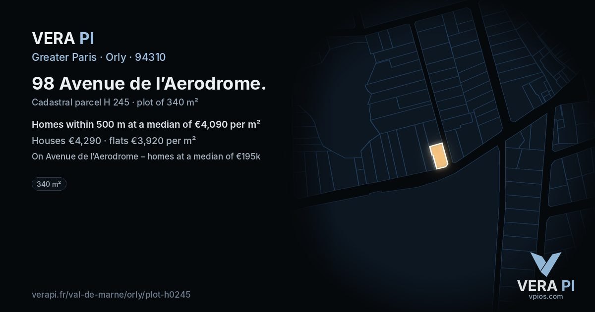 98 Avenue de l’Aerodrome, Orly at night – the plot lit, the parcels around coloured by the prices near them