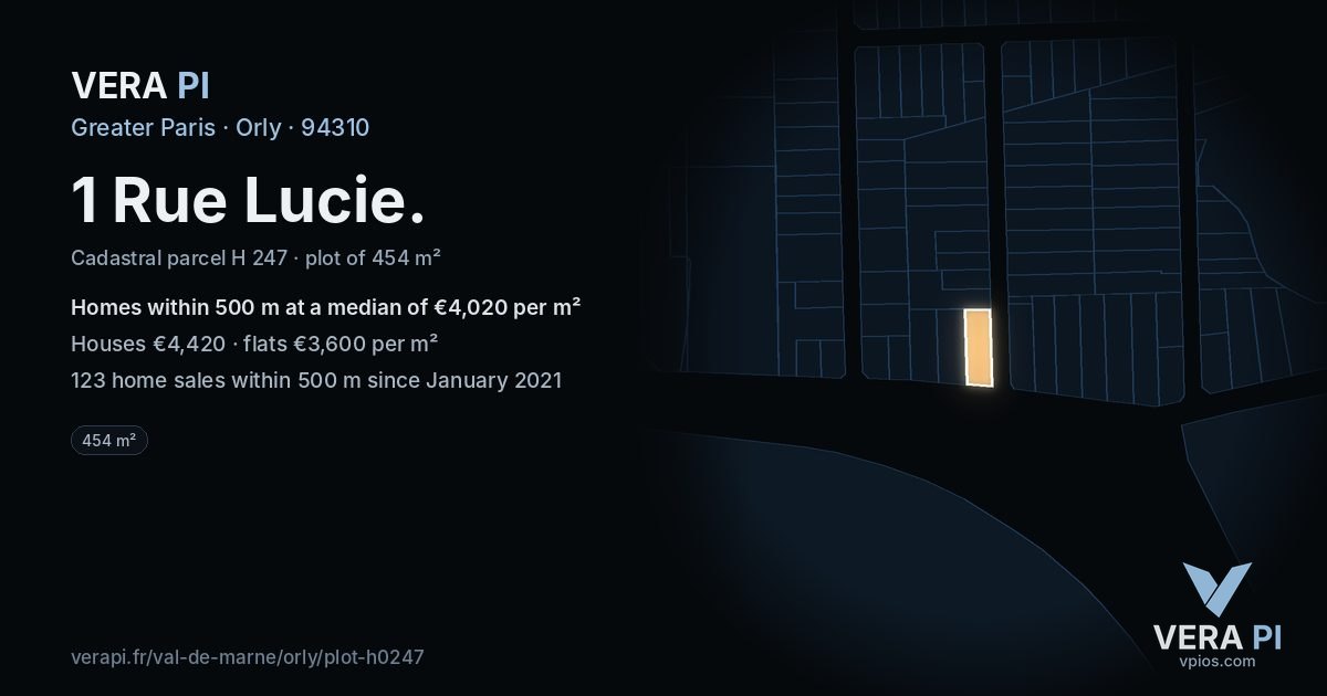 1 Rue Lucie, Orly at night – the plot lit, the parcels around coloured by the prices near them