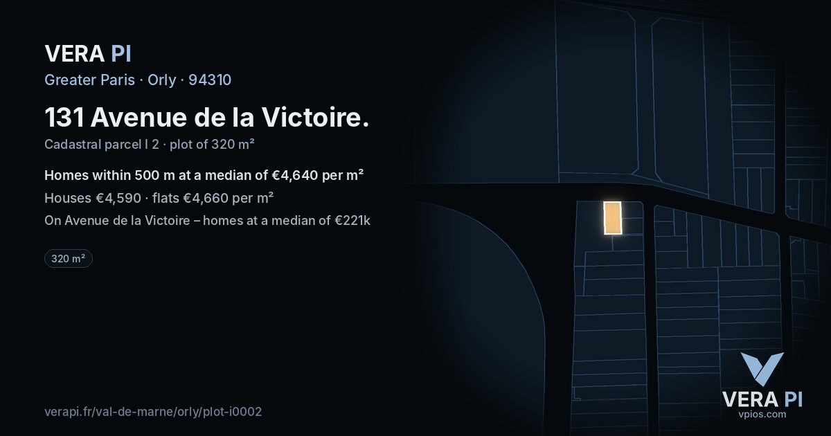 131 Avenue de la Victoire, Orly at night – the plot lit, the parcels around coloured by the prices near them