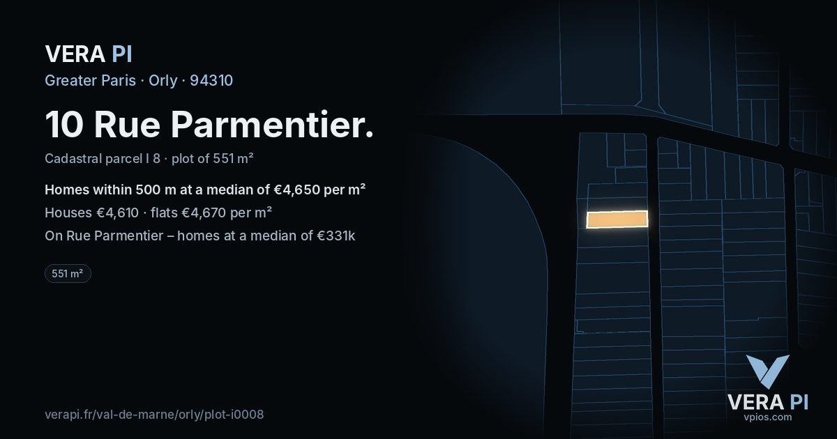 10 Rue Parmentier, Orly at night – the plot lit, the parcels around coloured by the prices near them