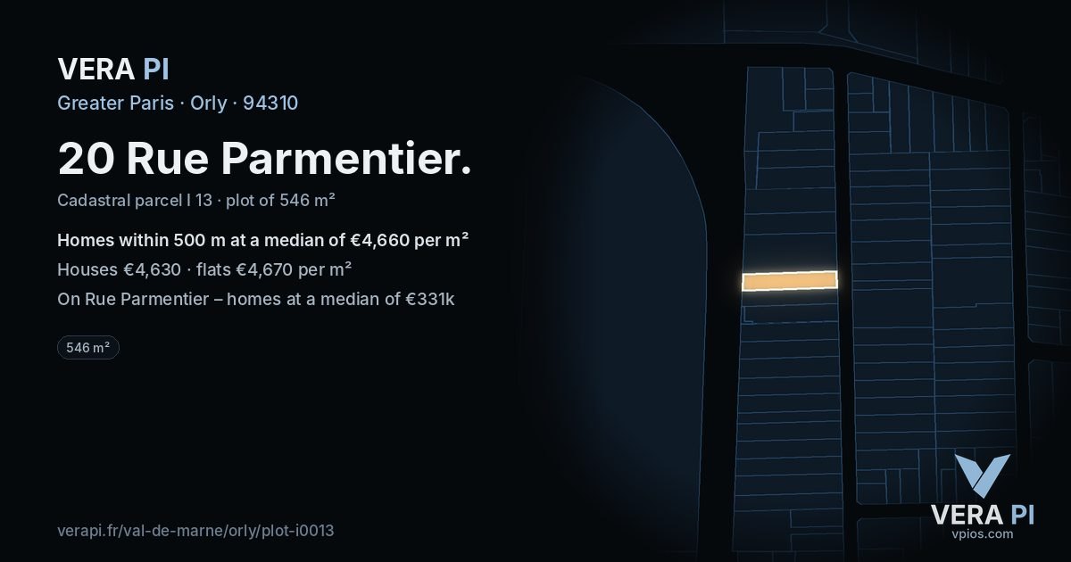 20 Rue Parmentier, Orly at night – the plot lit, the parcels around coloured by the prices near them