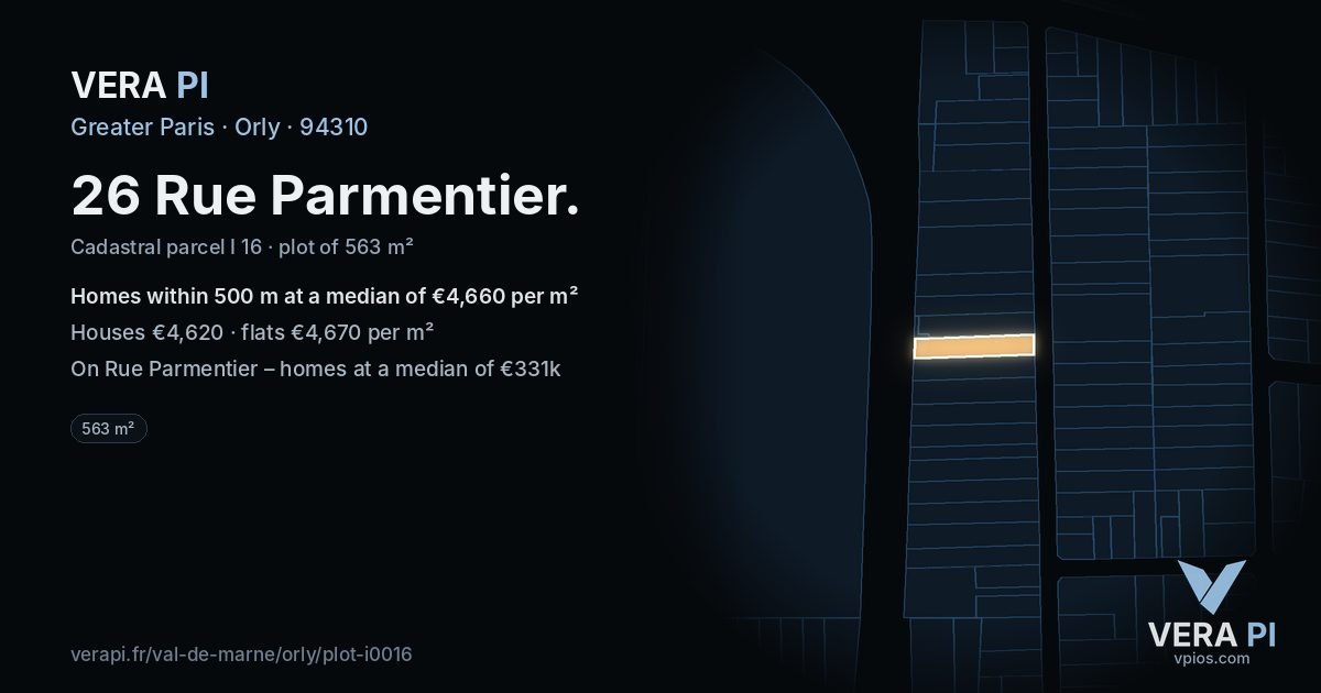 26 Rue Parmentier, Orly at night – the plot lit, the parcels around coloured by the prices near them