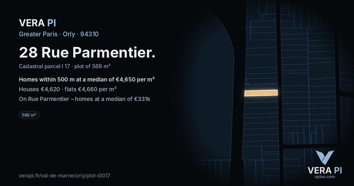 28 Rue Parmentier, Orly at night – the plot lit, the parcels around coloured by the prices near them