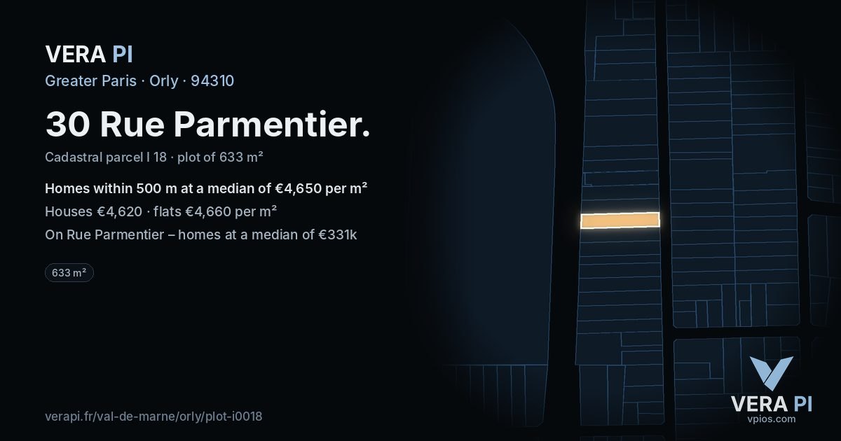 30 Rue Parmentier, Orly at night – the plot lit, the parcels around coloured by the prices near them