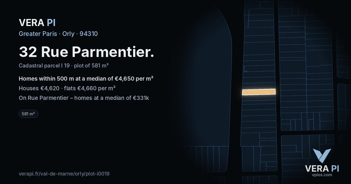 32 Rue Parmentier, Orly at night – the plot lit, the parcels around coloured by the prices near them