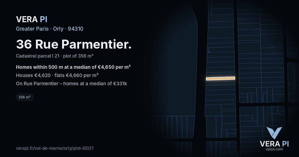 36 Rue Parmentier, Orly at night – the plot lit, the parcels around coloured by the prices near them