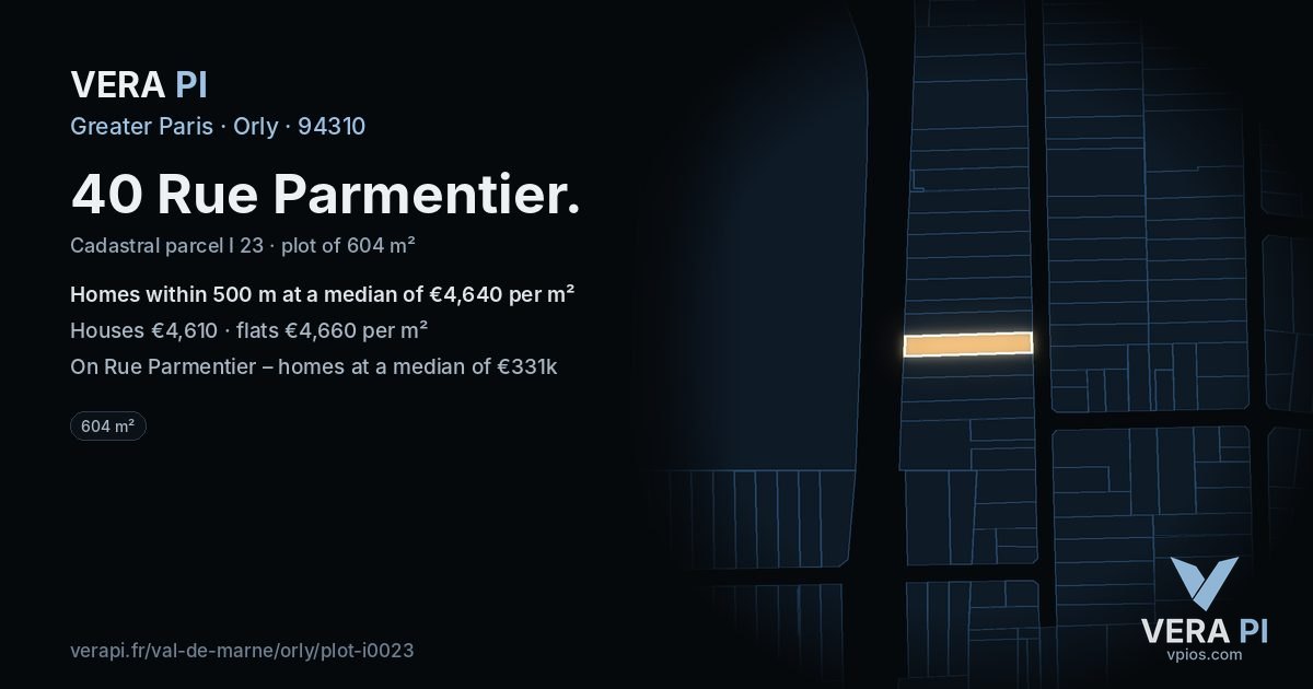 40 Rue Parmentier, Orly at night – the plot lit, the parcels around coloured by the prices near them