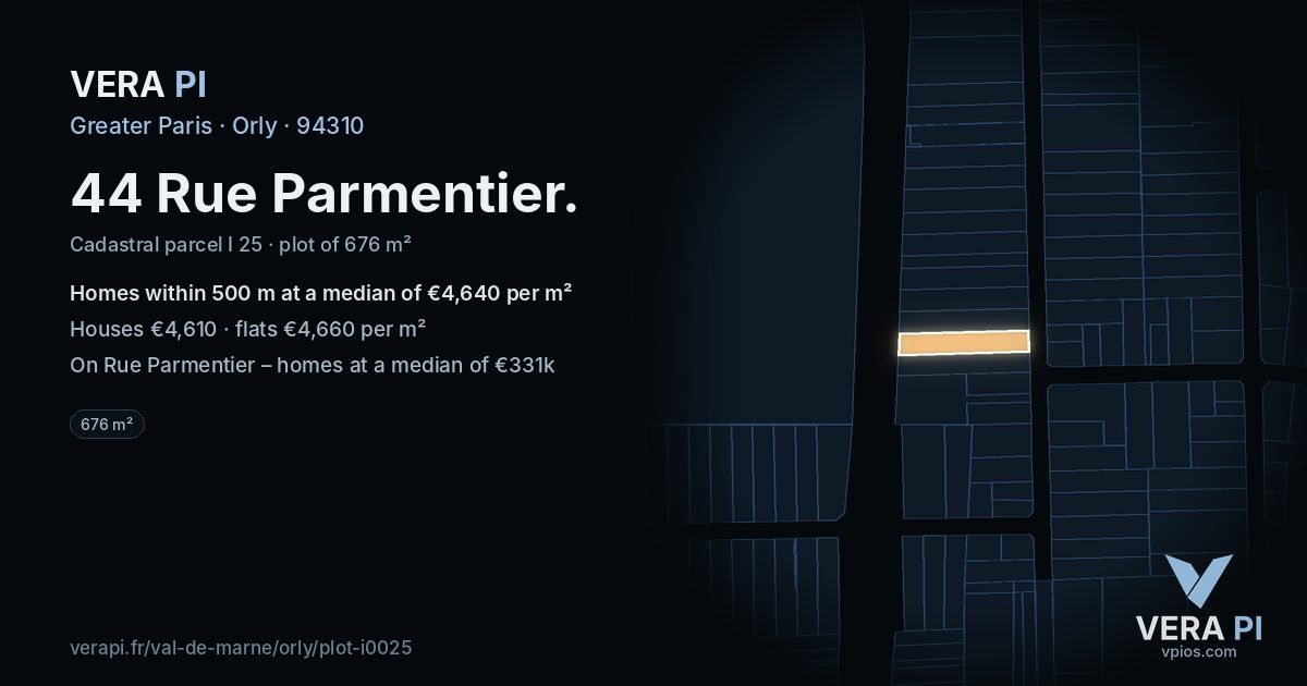 44 Rue Parmentier, Orly at night – the plot lit, the parcels around coloured by the prices near them