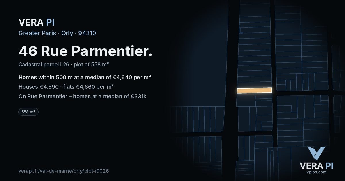46 Rue Parmentier, Orly at night – the plot lit, the parcels around coloured by the prices near them
