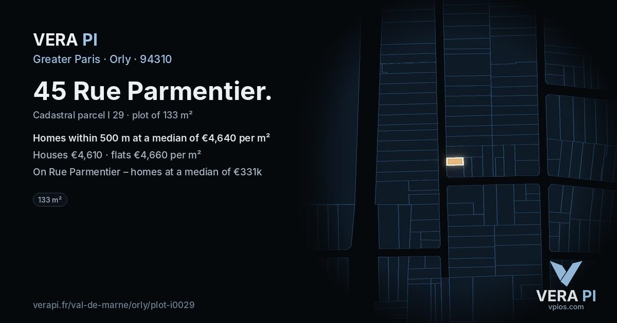 45 Rue Parmentier, Orly at night – the plot lit, the parcels around coloured by the prices near them