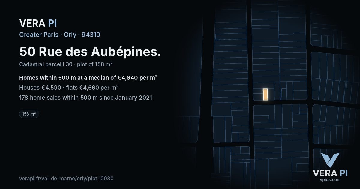 50 Rue des Aubépines, Orly at night – the plot lit, the parcels around coloured by the prices near them