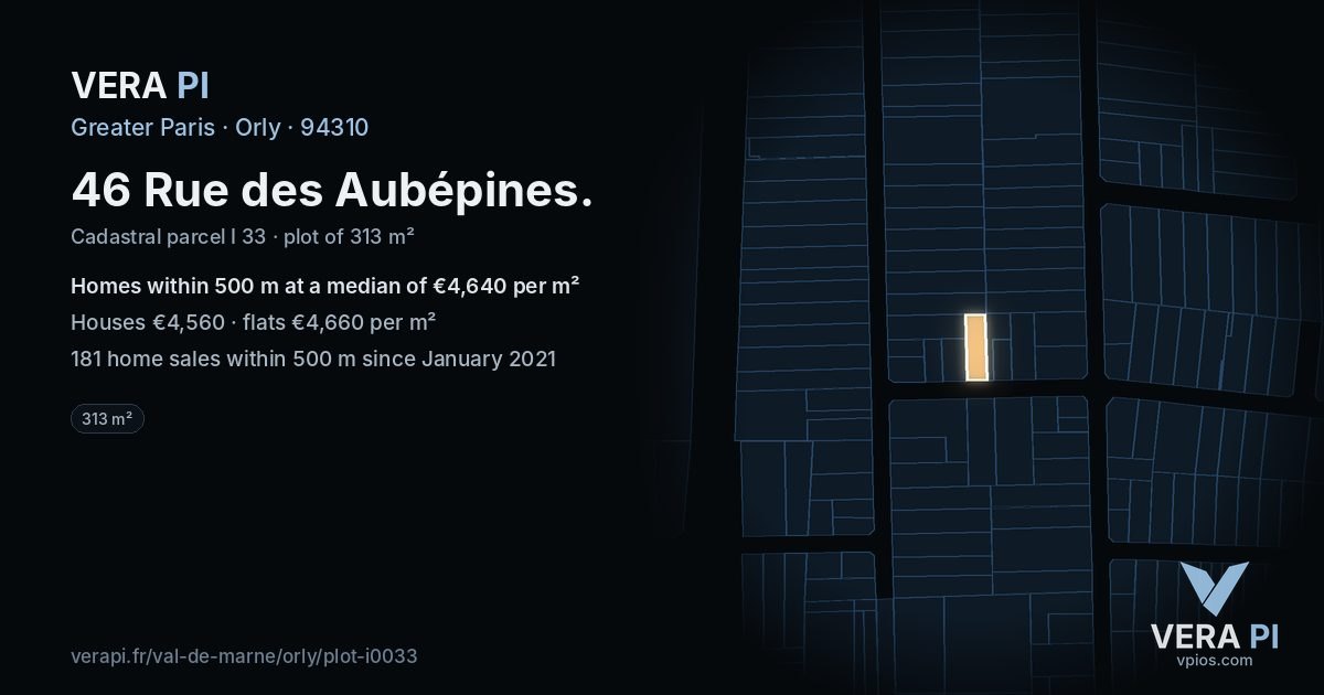 46 Rue des Aubépines, Orly at night – the plot lit, the parcels around coloured by the prices near them