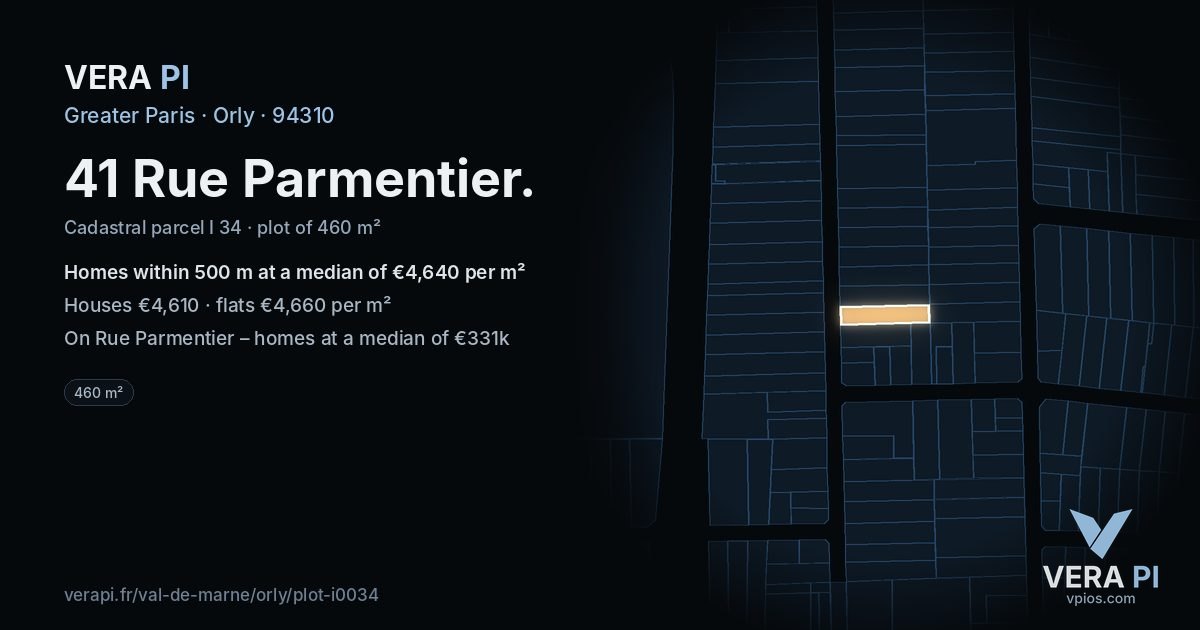 41 Rue Parmentier, Orly at night – the plot lit, the parcels around coloured by the prices near them