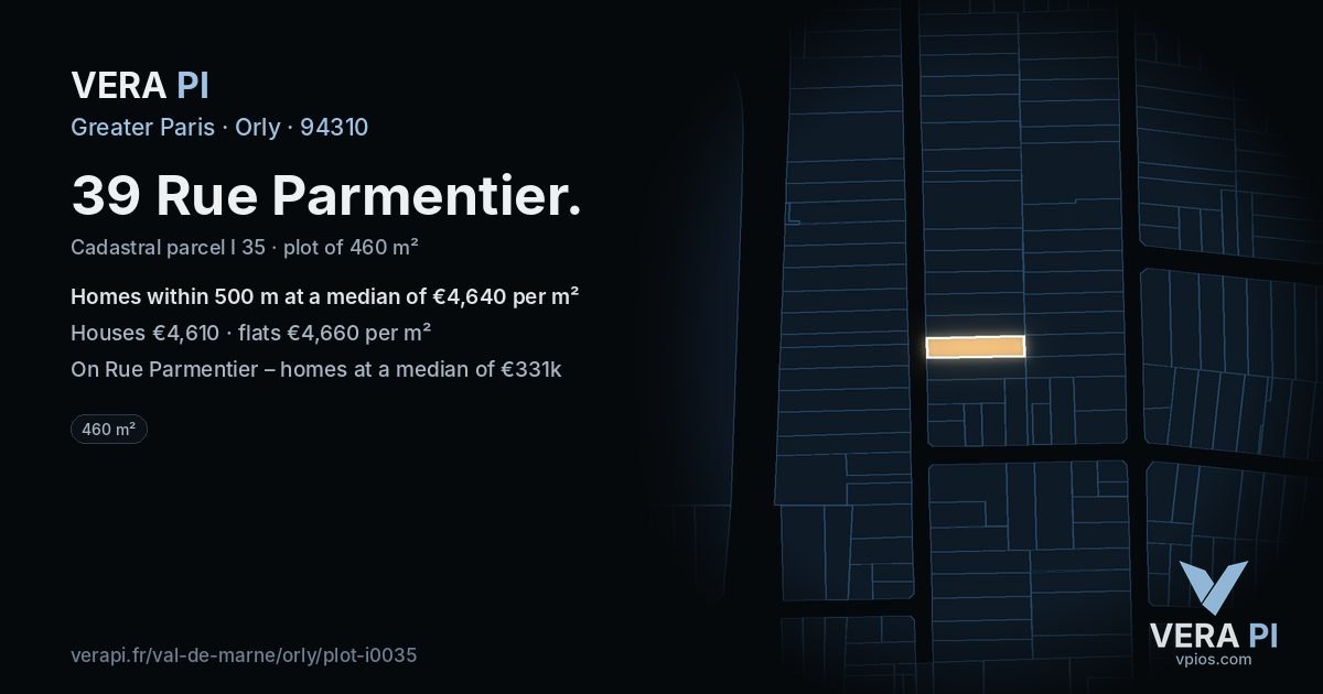 39 Rue Parmentier, Orly at night – the plot lit, the parcels around coloured by the prices near them