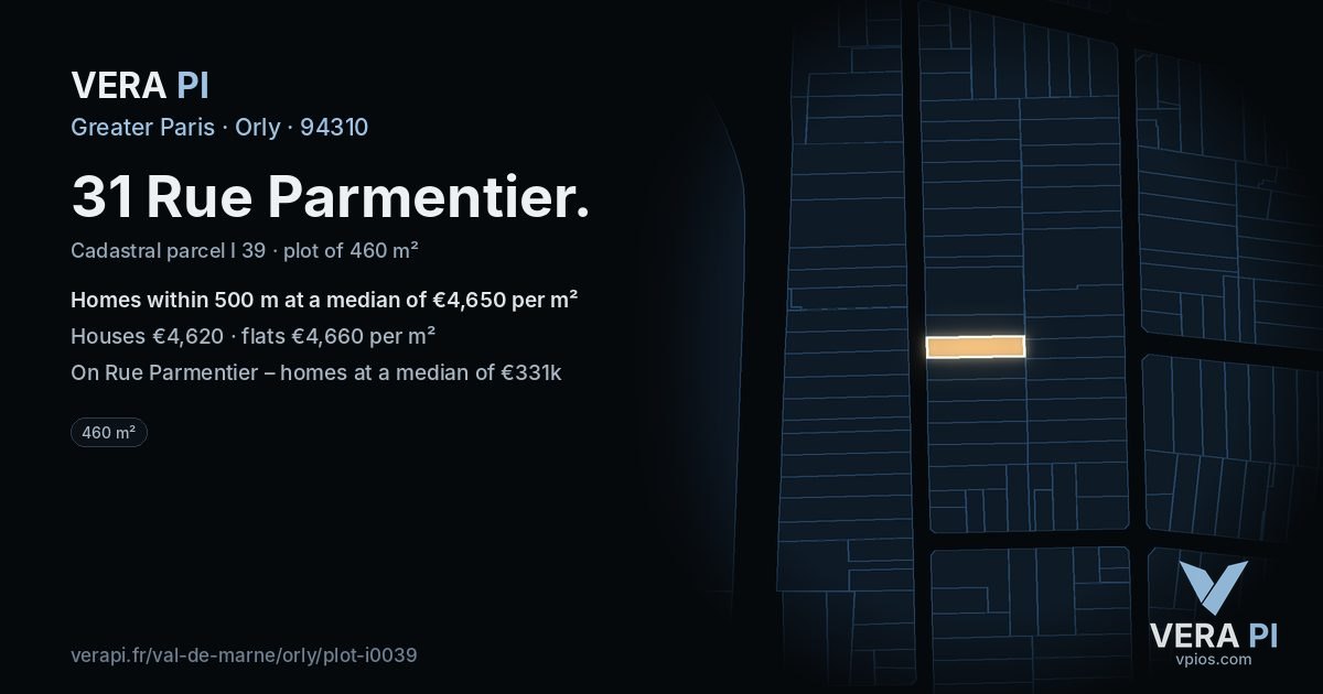 31 Rue Parmentier, Orly at night – the plot lit, the parcels around coloured by the prices near them