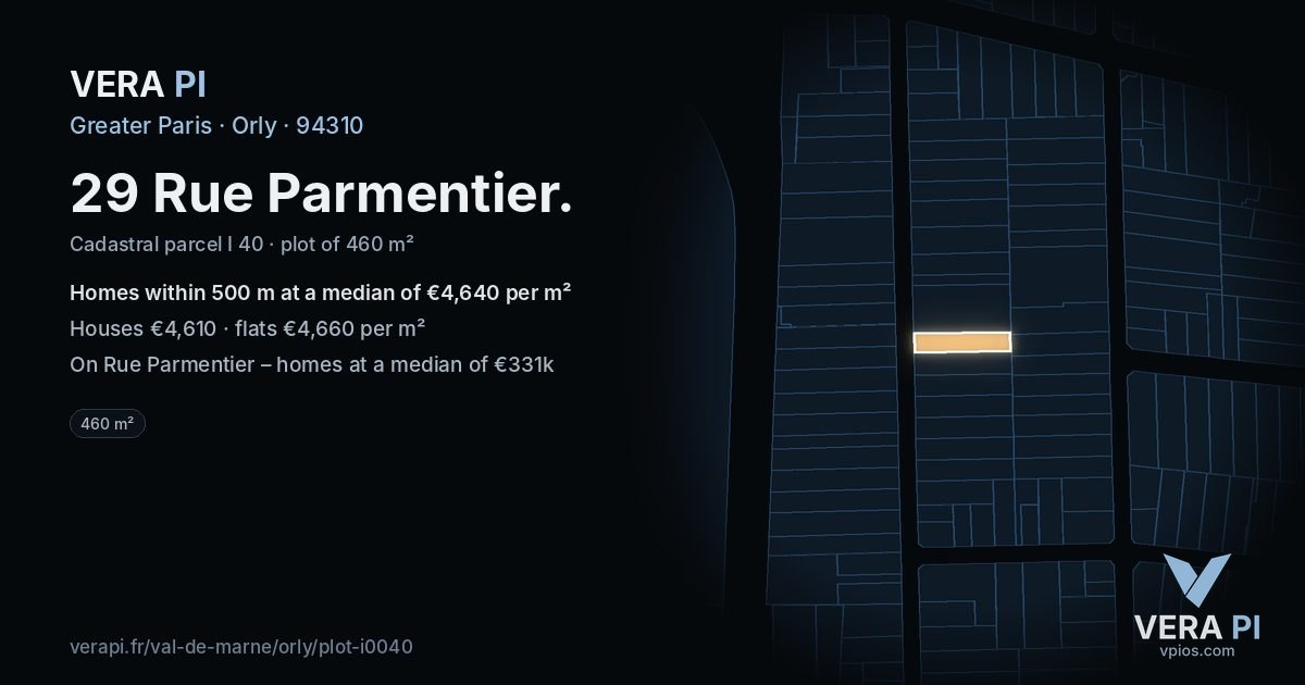 29 Rue Parmentier, Orly at night – the plot lit, the parcels around coloured by the prices near them