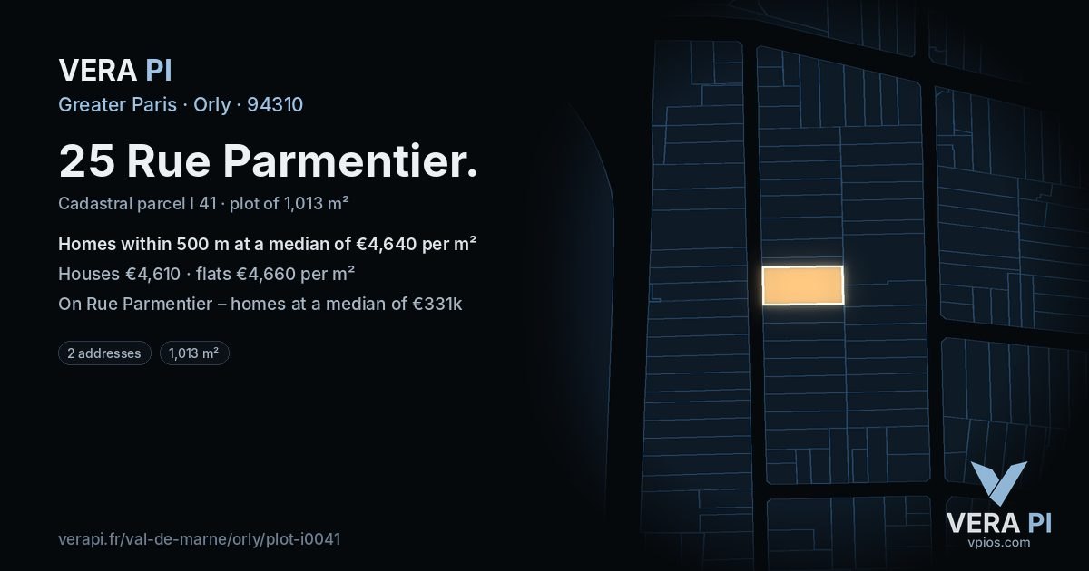 25 Rue Parmentier, Orly at night – the plot lit, the parcels around coloured by the prices near them