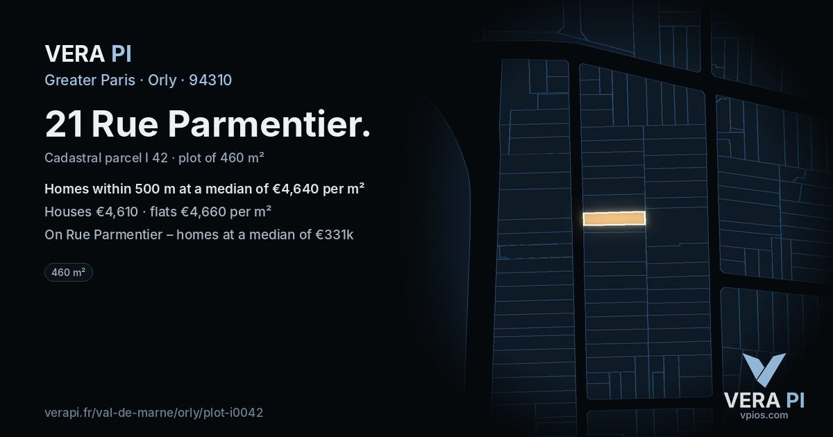 21 Rue Parmentier, Orly at night – the plot lit, the parcels around coloured by the prices near them