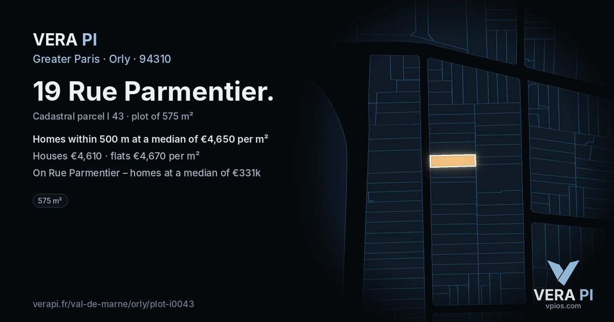 19 Rue Parmentier, Orly at night – the plot lit, the parcels around coloured by the prices near them