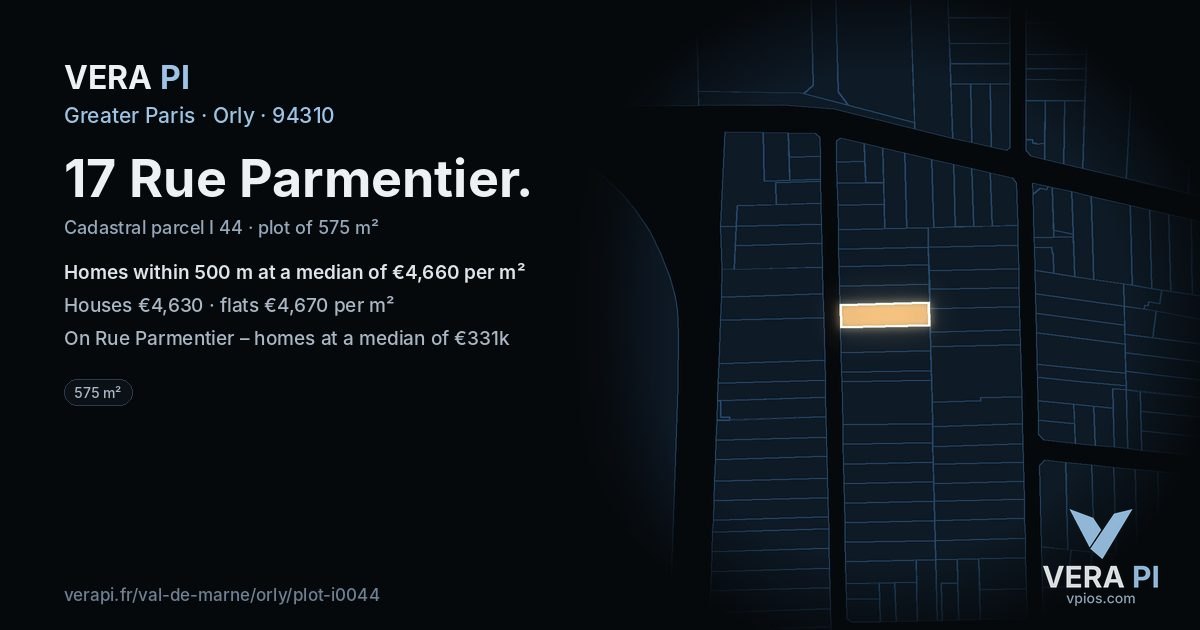 17 Rue Parmentier, Orly at night – the plot lit, the parcels around coloured by the prices near them