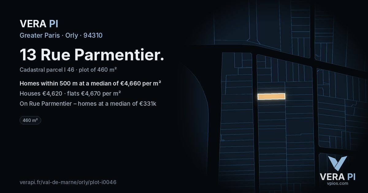 13 Rue Parmentier, Orly at night – the plot lit, the parcels around coloured by the prices near them