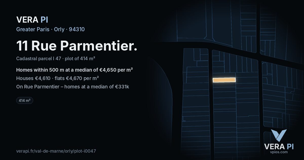 11 Rue Parmentier, Orly at night – the plot lit, the parcels around coloured by the prices near them