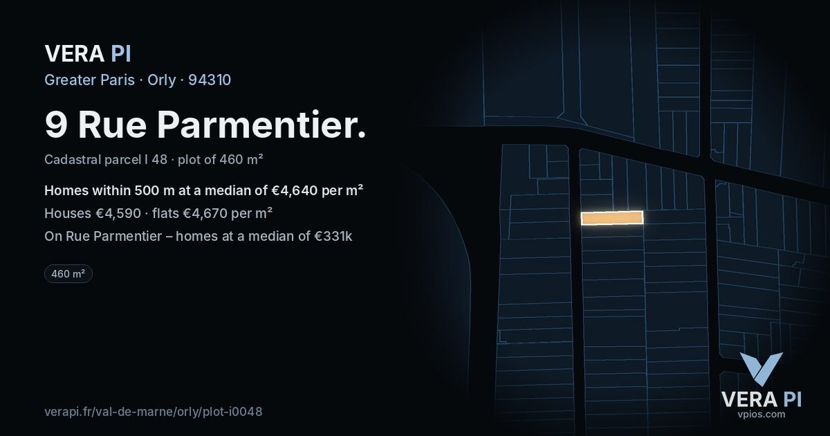 9 Rue Parmentier, Orly at night – the plot lit, the parcels around coloured by the prices near them
