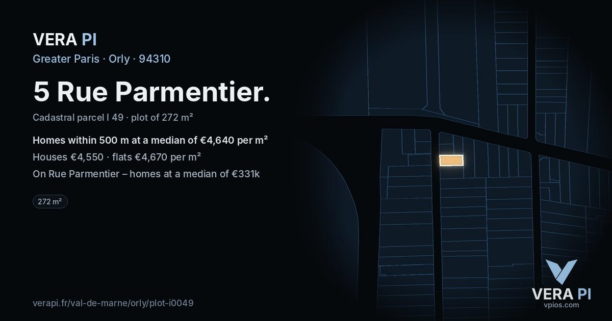 5 Rue Parmentier, Orly at night – the plot lit, the parcels around coloured by the prices near them