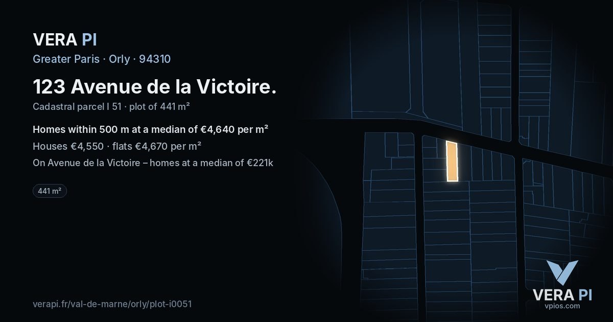 123 Avenue de la Victoire, Orly at night – the plot lit, the parcels around coloured by the prices near them