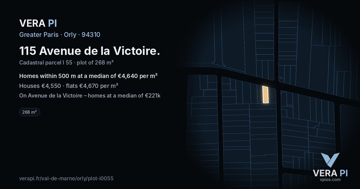 115 Avenue de la Victoire, Orly at night – the plot lit, the parcels around coloured by the prices near them