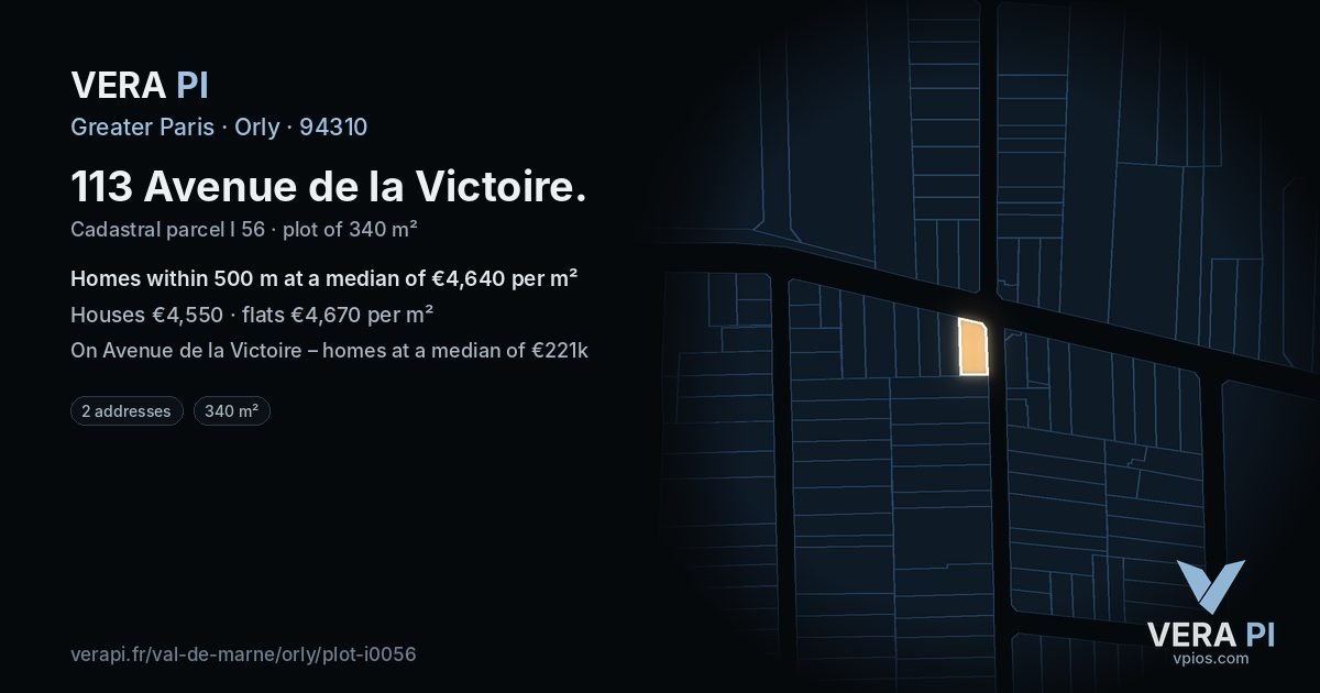 113 Avenue de la Victoire, Orly at night – the plot lit, the parcels around coloured by the prices near them
