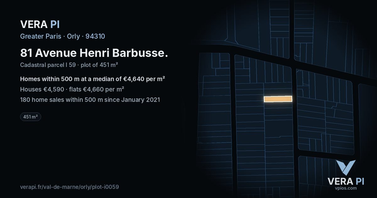 81 Avenue Henri Barbusse, Orly at night – the plot lit, the parcels around coloured by the prices near them