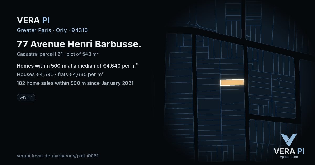 77 Avenue Henri Barbusse, Orly at night – the plot lit, the parcels around coloured by the prices near them