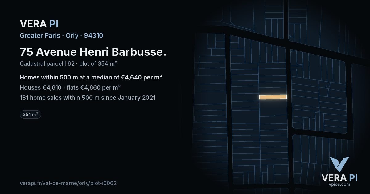75 Avenue Henri Barbusse, Orly at night – the plot lit, the parcels around coloured by the prices near them