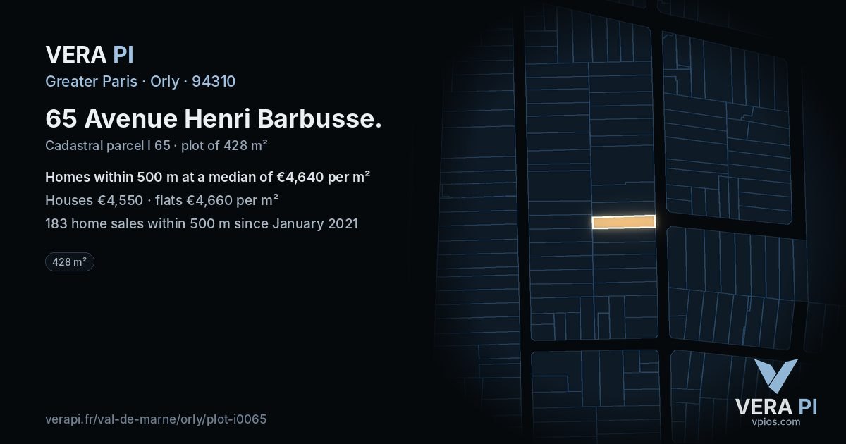 65 Avenue Henri Barbusse, Orly at night – the plot lit, the parcels around coloured by the prices near them