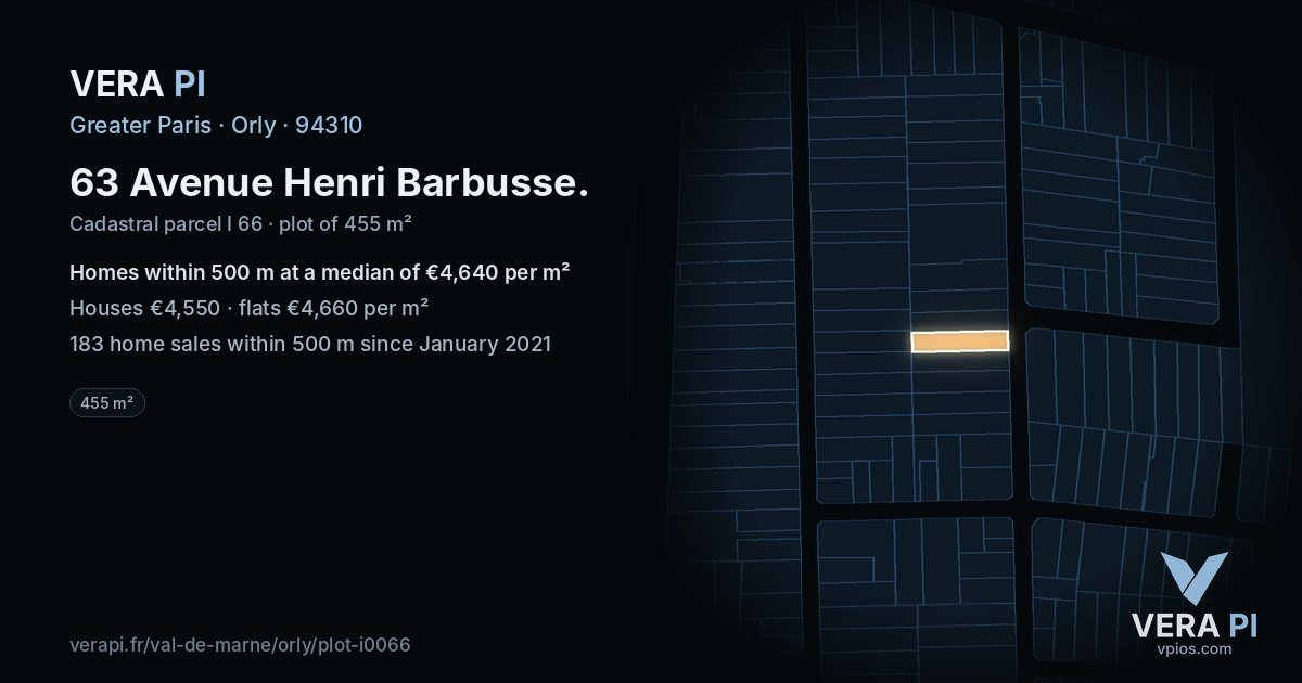 63 Avenue Henri Barbusse, Orly at night – the plot lit, the parcels around coloured by the prices near them