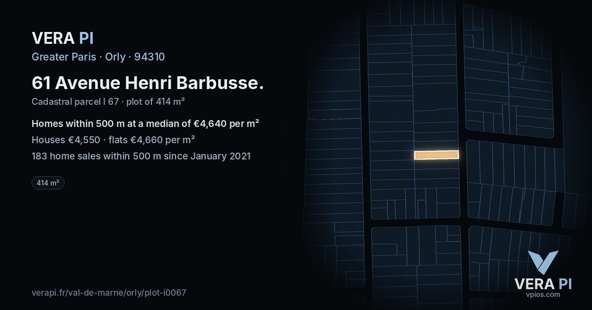 61 Avenue Henri Barbusse, Orly at night – the plot lit, the parcels around coloured by the prices near them