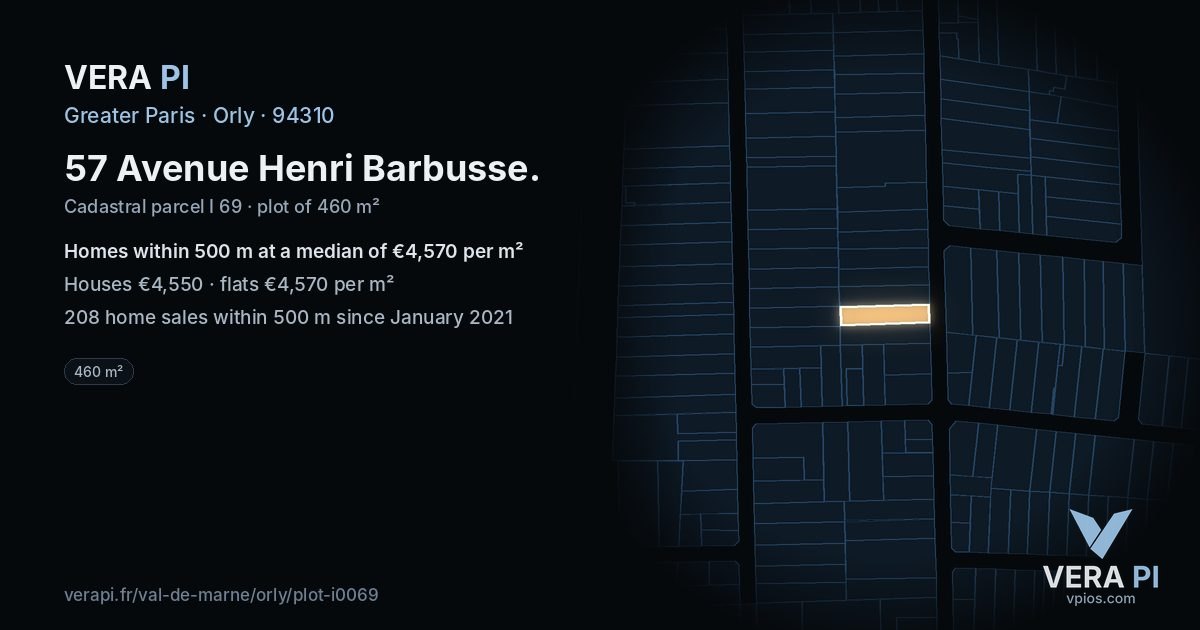 57 Avenue Henri Barbusse, Orly at night – the plot lit, the parcels around coloured by the prices near them
