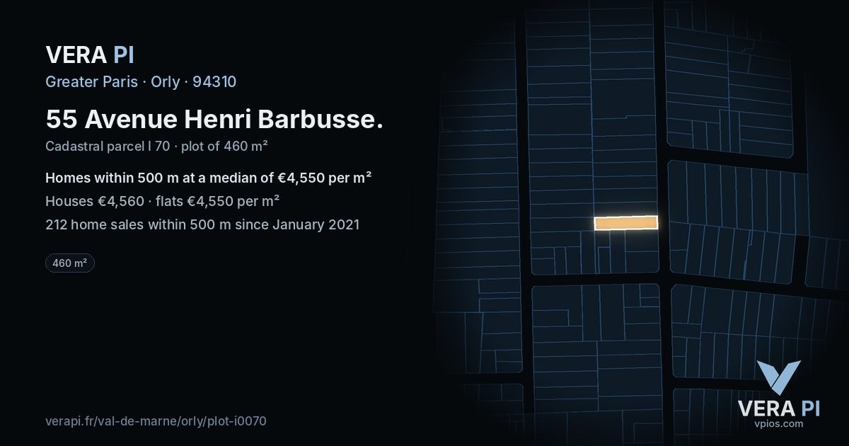 55 Avenue Henri Barbusse, Orly at night – the plot lit, the parcels around coloured by the prices near them