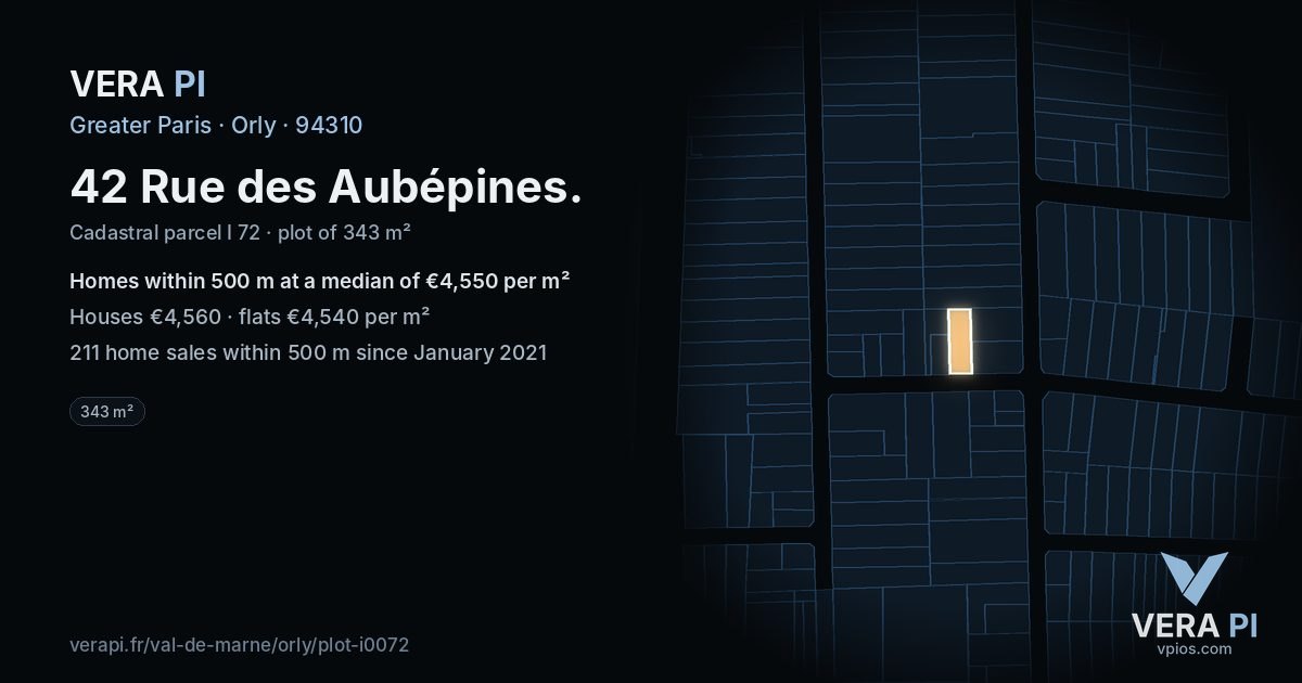 42 Rue des Aubépines, Orly at night – the plot lit, the parcels around coloured by the prices near them