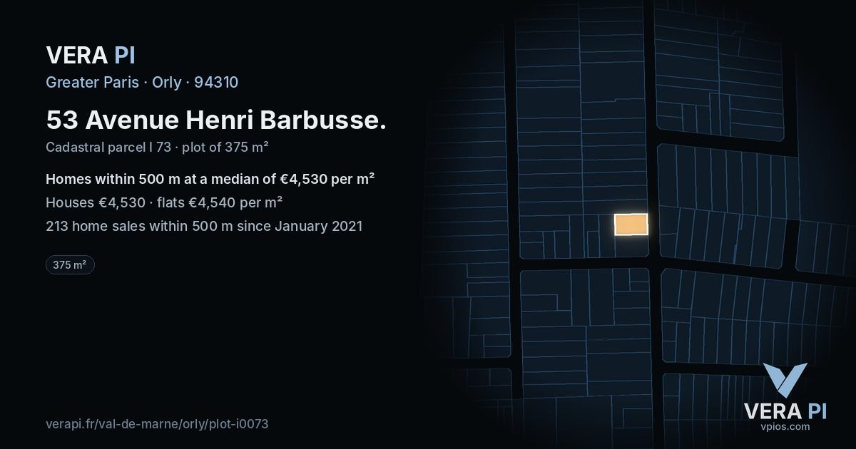 53 Avenue Henri Barbusse, Orly at night – the plot lit, the parcels around coloured by the prices near them