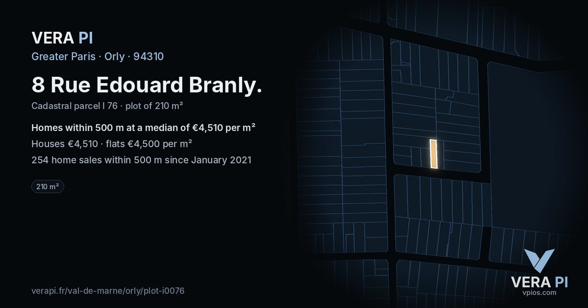 8 Rue Edouard Branly, Orly at night – the plot lit, the parcels around coloured by the prices near them